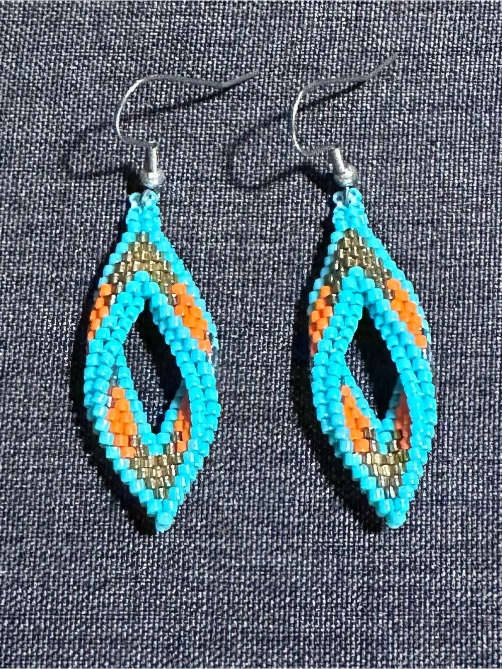 Handmade Turquoise & Orange Seed Bead Dangle Earrings